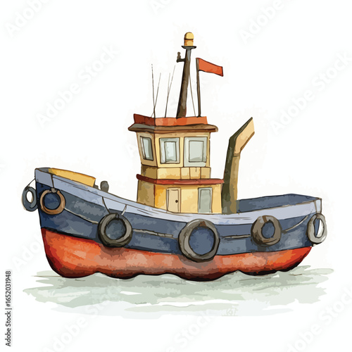 Watercolor Illustration of a Charming Detailed Tugboat with Unique Features