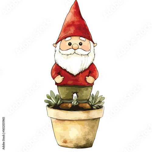 Watercolor Illustration of a Charming Garden Gnome in a Potted Plant