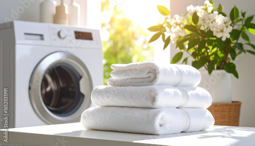 Stack Of White Clean Towels Beside Washing Machine With Sunlight And Flower In The Background