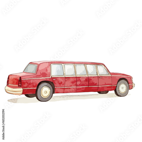 Watercolor Illustration of a Classic Red Limousine with Multiple Windows