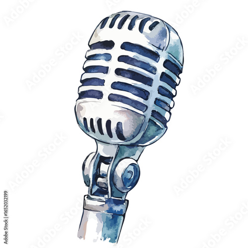 Watercolor Illustration of a Classic Silver Microphone Angled Upward
