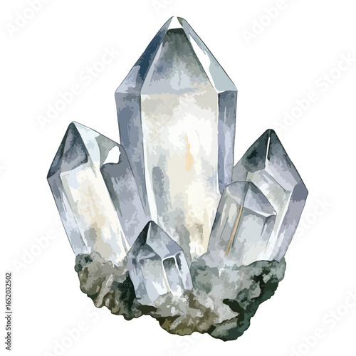 Watercolor Illustration of a Cluster of Crystalline Quartz Crystals on a Rock Base