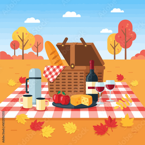 Autumn picnic basket filled with food and drinks on a checkered tablecloth in a park setting.