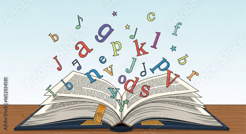Open book with flying letters and musical notes illustration on a wooden table