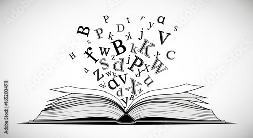 Open book with flying letters illustration