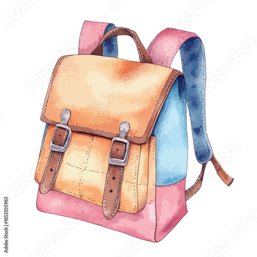 Watercolor Illustration of a Colorful Detailed School Backpack with Buckles