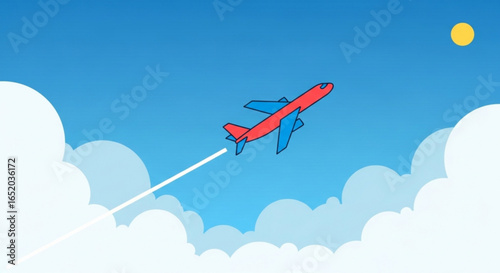 Cartoon airplane flying in the blue sky with clouds and sun, a perfect travel and vacation concept