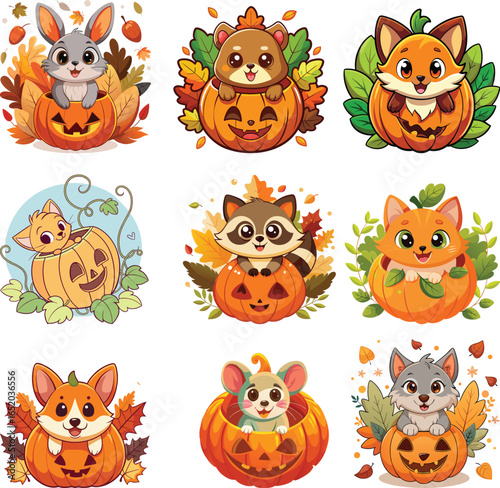 Adorable Animals in Pumpkins Halloween Illustration with Bunny Kitten Fox Raccoon Dog Mouse and Wolf with Fall Leaves