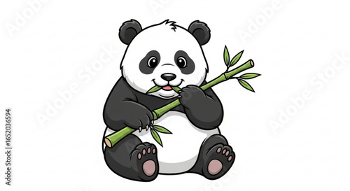 Cute panda bear eating bamboo, cartoon illustration for kids
