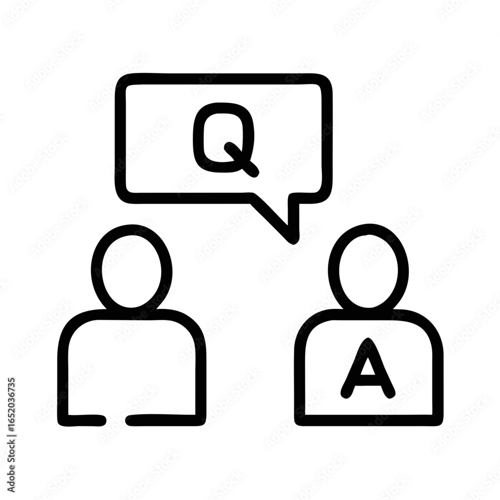 Two people in a Q&A session with question and answer icons Two people in a Q&A session with question and answer icons