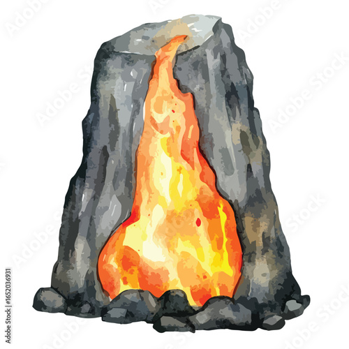 Watercolor Illustration of a Fiery Lava Flow Emerging from a Rocky Formation