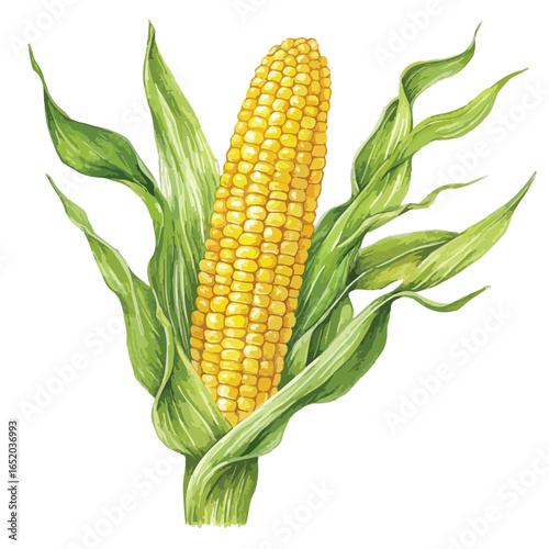 Watercolor Illustration of a Freshly Harvested Corn on the Cob with Green Leaves (1)