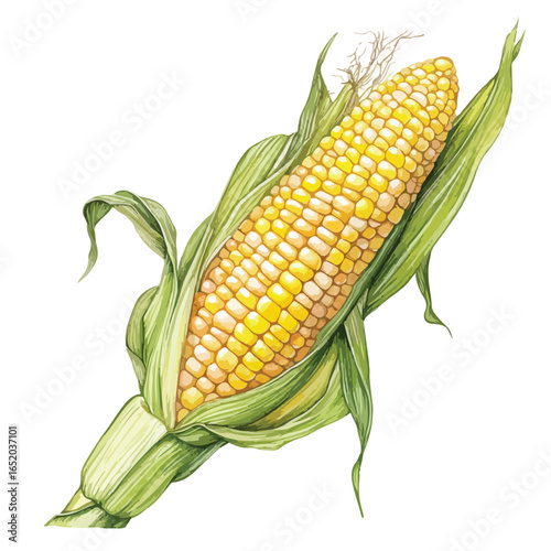 Watercolor Illustration of a Freshly Harvested Ear of Corn with Green Husks