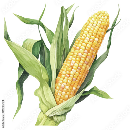 Watercolor Illustration of a Freshly Harvested Ear of Corn with Green Leaves