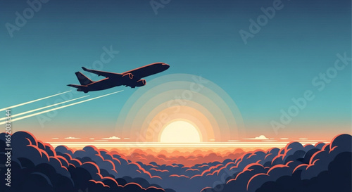 Airplane flying over clouds at sunset, a beautiful illustration of air travel and adventure