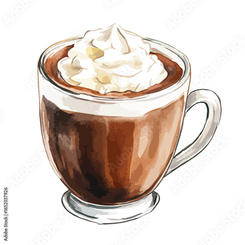 Watercolor Illustration of a Hot Chocolate Drink Topped with Whipped Cream