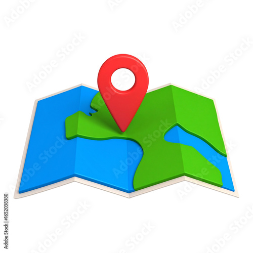 Free Download A stylized map illustration with blue and green landmasses and a prominent red location pin marking a specific point. - GFXLoad