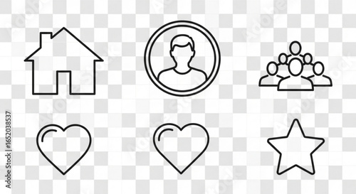 Set of simple icons including house, heart, user, group, and star on transparent background