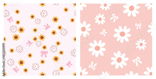 Seamless pattern of sunflower, daisies and ribbon bows on pink backgrounds vector. Cute childish print.