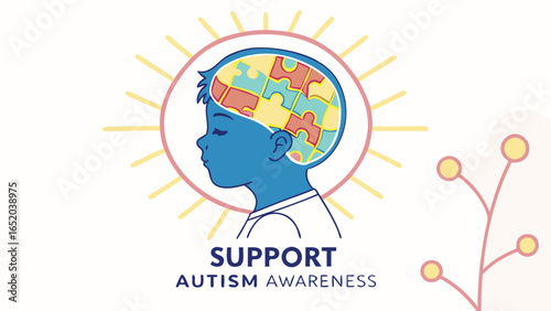 Child's profile, puzzle pieces in head, sunburst background; autism awareness, support concept; pastel colors, minimalist style; hopeful, compassionate mood; vector illustration.