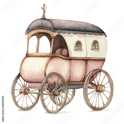 Watercolor Illustration of a Pink and Gray Gypsy Caravan with Ornate Wheels