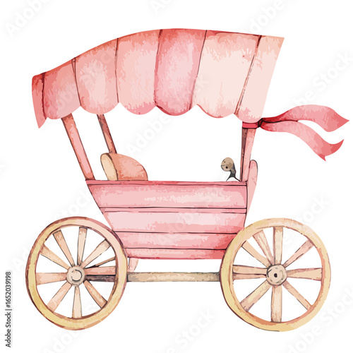 Watercolor Illustration of a Pink Baby Carriage with Canopy and Ribbons