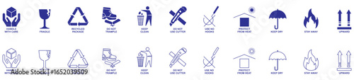 Set of fragile package icons in blue color on white background. Vector illustration. Fragile package icons set, handle with care logistics and delivery shipping labels, fragile box, cargo 