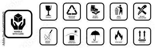 Set of fragile package icons in black color isolated on white background. Vector illustration. Printable fragile handle with care.  Fragile, handle with care, upward, keep clean, keep dry, fire