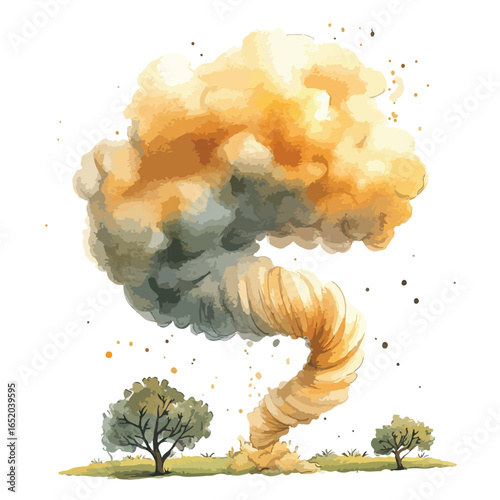 Watercolor Illustration of a Powerful Tornado Over a Landscape