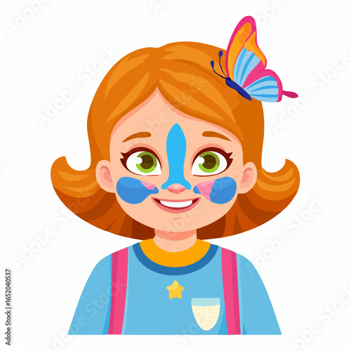 A fun vector illustration of a little girl with a red flower, a smiling cartoon character with beautiful hair