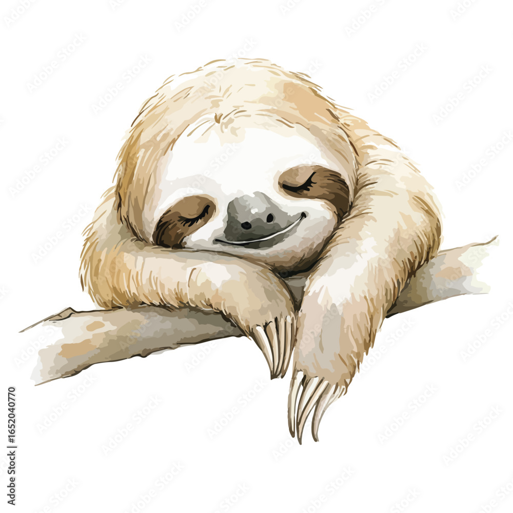 Naklejka premium Watercolor Illustration of a Sleepy Sloth on a Branch