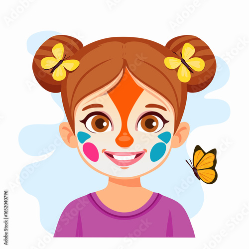 A fun vector illustration of a little girl with a red flower, a smiling cartoon character with beautiful hair