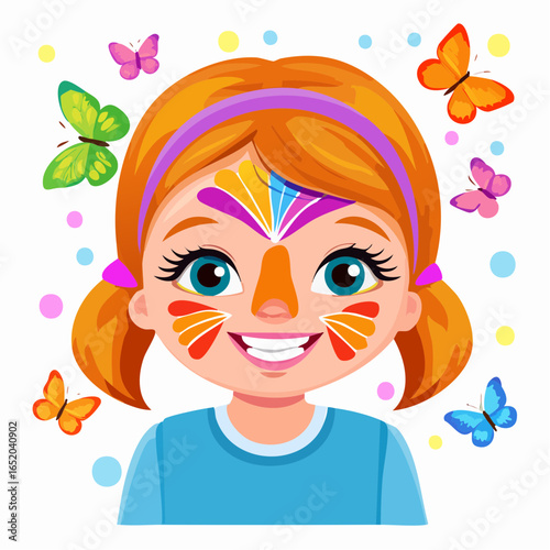 A fun vector illustration of a little girl with a red flower, a smiling cartoon character with beautiful hair
