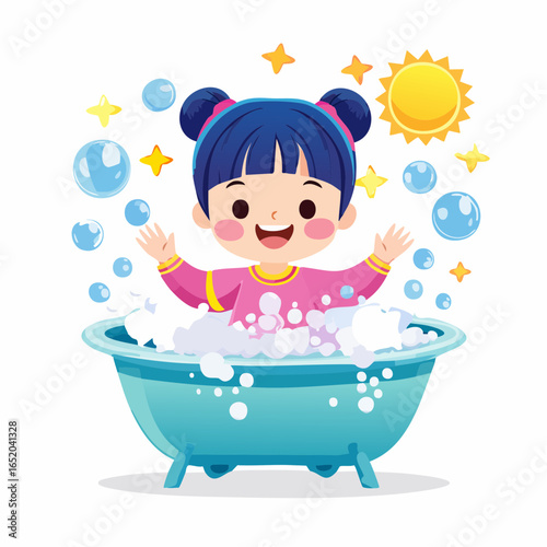 A fun vector illustration of a little girl with a red flower, a smiling cartoon character with beautiful hair