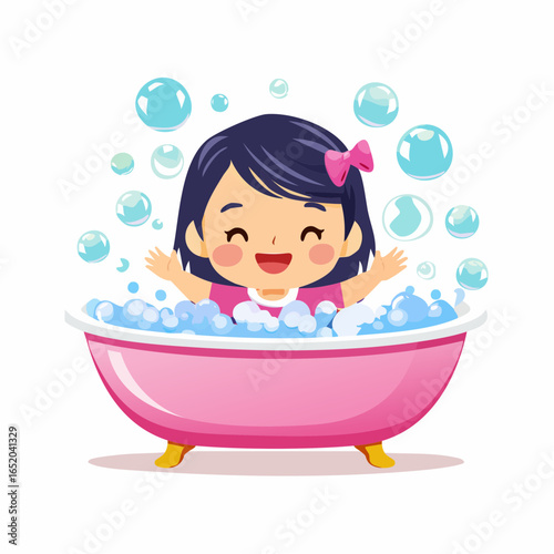 A fun vector illustration of a little girl with a red flower, a smiling cartoon character with beautiful hair