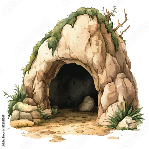 Watercolor Illustration of a Stone Cave Entrance with Lush Greenery and Branches