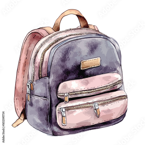 Watercolor Illustration of a Stylish TwoPocket Backpack with Zippers