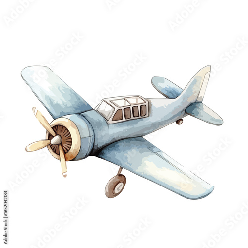 Watercolor Illustration of a Vintage Airplane with Rotating Propeller and Detailed Cockpit