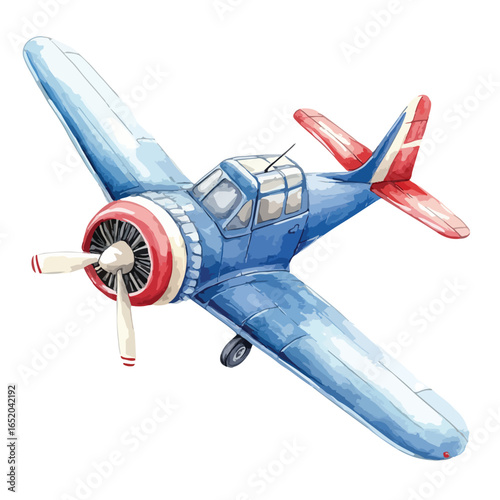 Watercolor Illustration of a Vintage Blue Airplane with Red Accents and Propeller