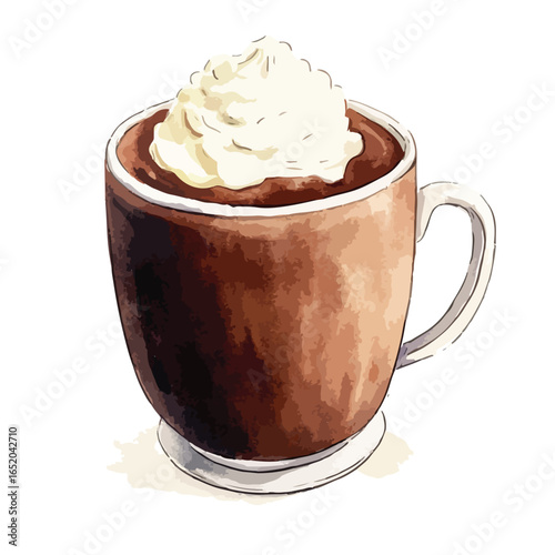 Watercolor Illustration of a Warm Chocolate Beverage with Whipped Cream
