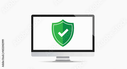Secure computer display showing green checkmark shield for data protection and antivirus software solutions online