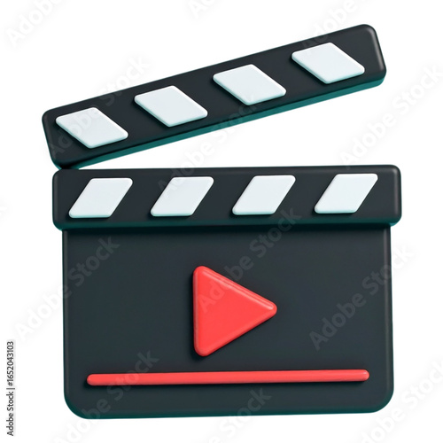 A 3D rendered movie clapperboard with a play button, symbolizing filmmaking or video production.