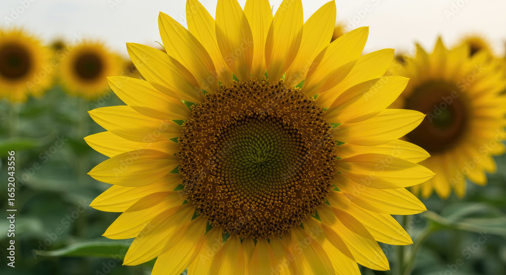 Obraz premium Bright Yellow Sunflower in Field, Soft Natural Lighting, Floral Beauty
