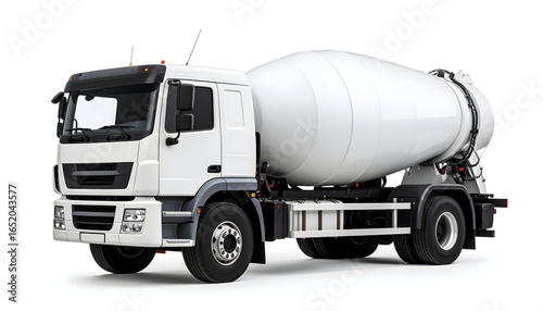 White Concrete Mixer Truck Isolated on White Background Depicting Construction and Transportation