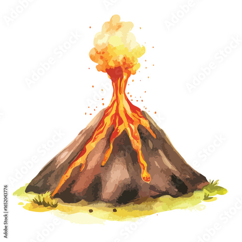 Watercolor Illustration of an Erupting Volcano with Flowing Lava and Smoke (3)