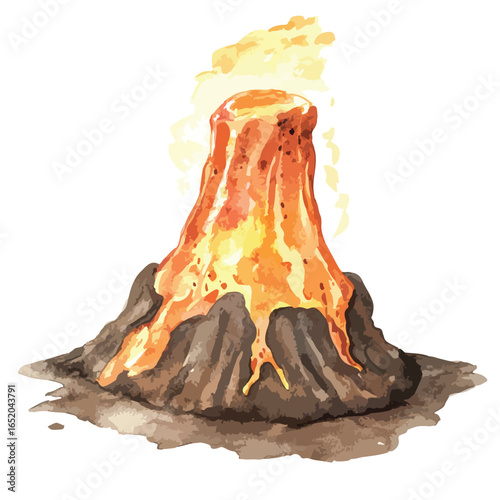 Watercolor Illustration of an Erupting Volcano with Flowing Lava and Smoke