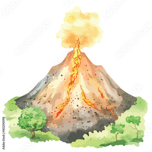 Watercolor Illustration of an Erupting Volcano with Lava and Trees