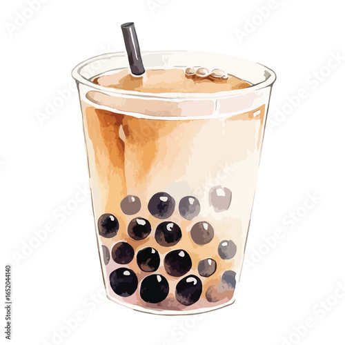 Watercolor Illustration of Boba Tea with Black Tapioca Pearls and Straw (1)