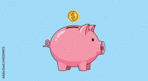 Save money with a cute pink piggy bank and a falling gold dollar coin