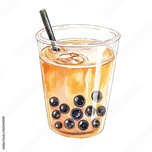 Watercolor Illustration of Bubble Tea with Tapioca Pearls and Black Straw